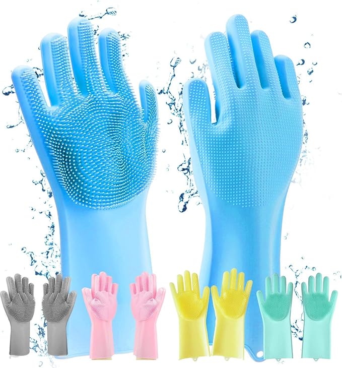 Silicone Gloves with Wash Scrubber, Reusable Wash Gloves for Cleaning, Dishwashing, Household, Bathroom, Washing Car, Pet Hair Care,