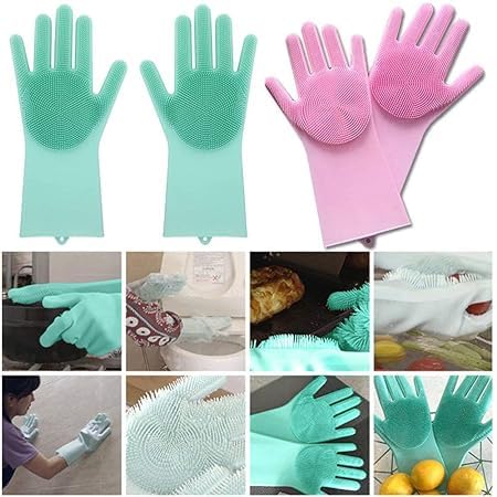 Silicone Gloves with Wash Scrubber, Reusable Wash Gloves for Cleaning, Dishwashing, Household, Bathroom, Washing Car, Pet Hair Care,