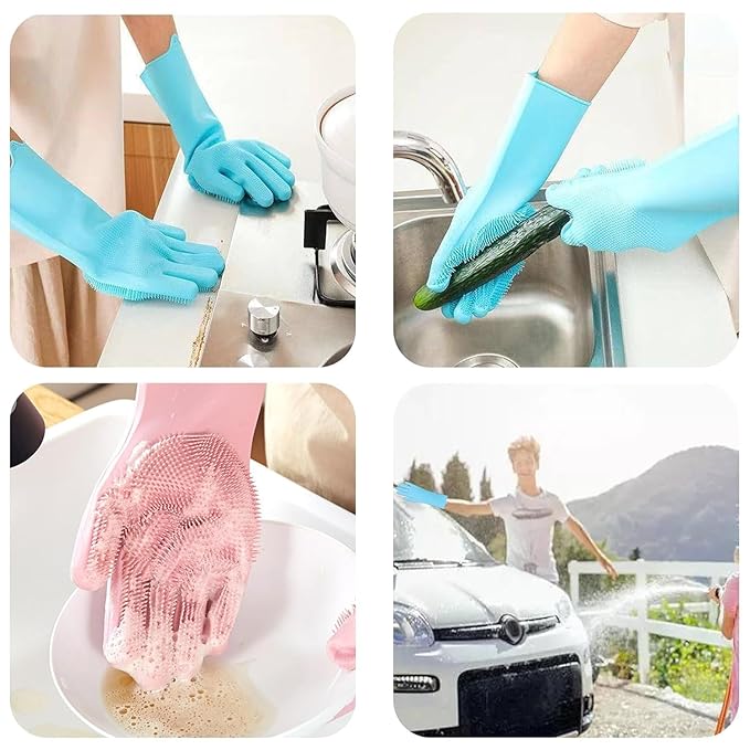 Silicone Gloves with Wash Scrubber, Reusable Wash Gloves for Cleaning, Dishwashing, Household, Bathroom, Washing Car, Pet Hair Care,